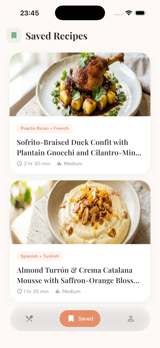 Saved fusion recipes in the MELD cookbook